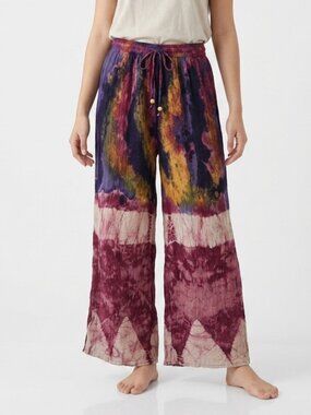 ETC Pants Purple Tie Dye Wide Leg Boho Hippie Festival Flowy 28"